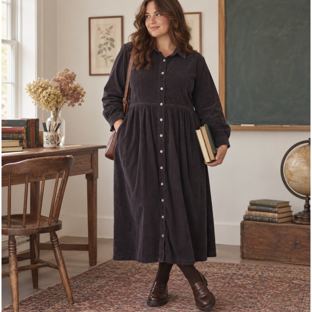 Vintage 90s Brown Corduroy Button Front Midi Dress 18 Modest Teacher Cottagecore